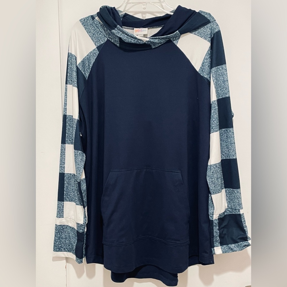LuLaRoe “Amber” Navy and White Checkered & Solid Prints Pullover Hoodie. EUC - Picture 2 of 15